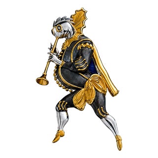 Late 20th Century Sterling Silver 22K Gilded Trumpeter Mihail Chemiakin Pendant Brooch Pin For Sale