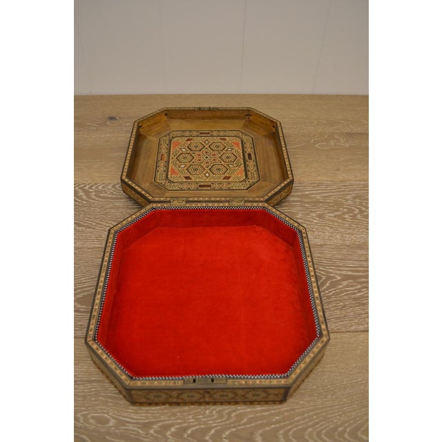 Large vintage inlay marquetry box. Moroccan. Red felt interior. Brass hinges. Beautiful detailing inside and out.