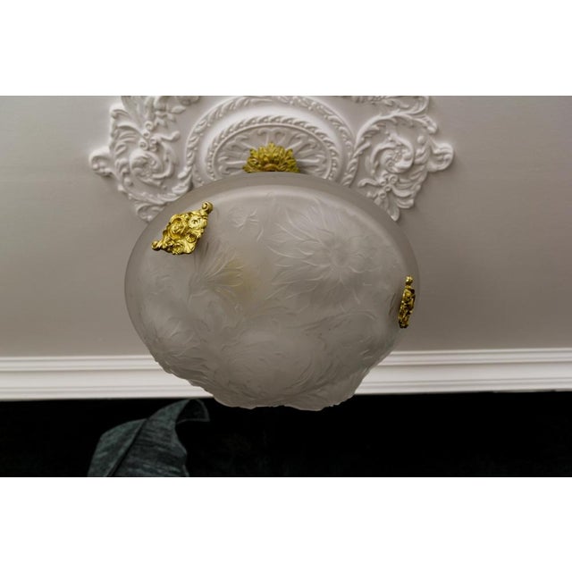 Gold French Art Deco White Frosted Glass and Bronze Pendant Light with Floral Motifs, 1930s For Sale - Image 8 of 18