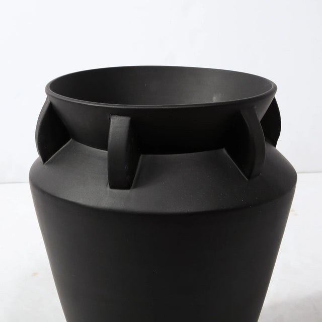 Late 20th Century Modernist Charcoal Urn Form Ceramic Vase With Demilune Embellishments For Sale In New York - Image 6 of 13