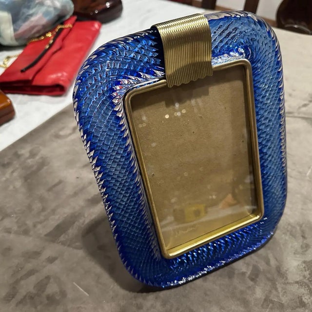 1990s Barovier Style Art Deco Blue Murano Glass and Brass Picture Frame For Sale - Image 6 of 10