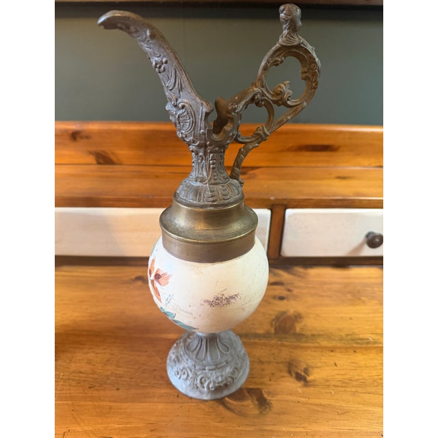 Statement Antique Victorian Spelter & Hand-Painted Ceramic Mantel Ewers - A Pair For Sale - Image 14 of 17