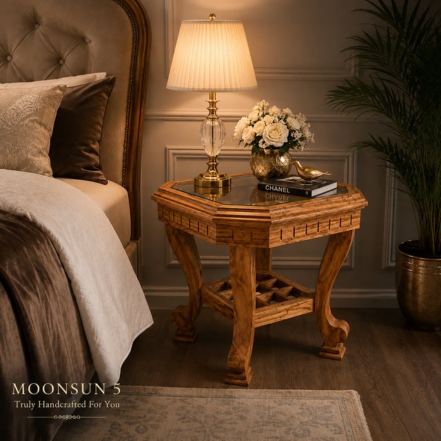 Handmade Wooden Side Table With Glass Top, Carved Wood End Table, Luxury Bedside Table, Vintage Accent Table, Solid Wood Nightstand Decor For Sale - Image 13 of 13