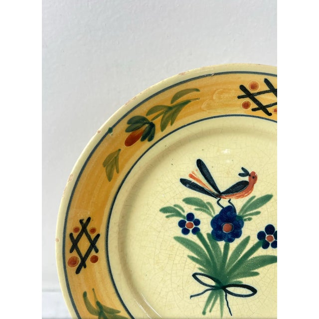 HB Quimper Odetta Early 19th Century Quimper France Hand-Painted Butter Yellow, Mustard, Bird and Blue Floral Plates - Set of 3 For Sale - Image 4 of 8