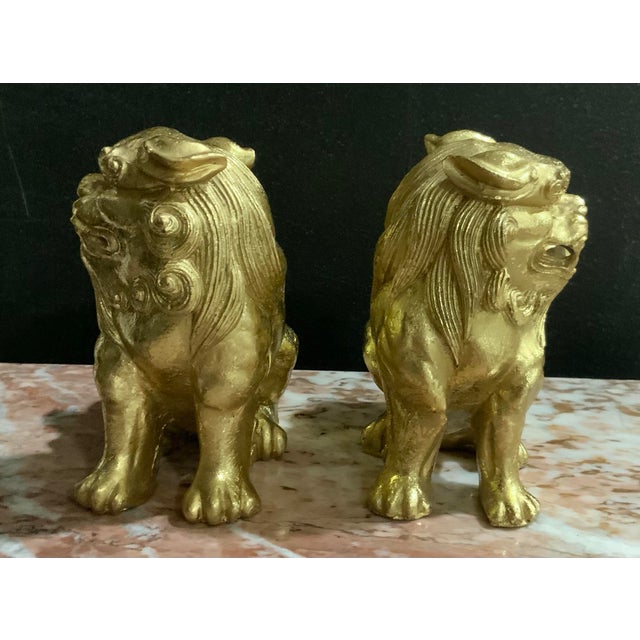 Gold Pair of Chinoiserie Gold Gilt Foo Dog Accents or Bookends by Sadek. Great for Palm Beach Regency or Feng Shui Decor - See Pics! For Sale - Image 8 of 11