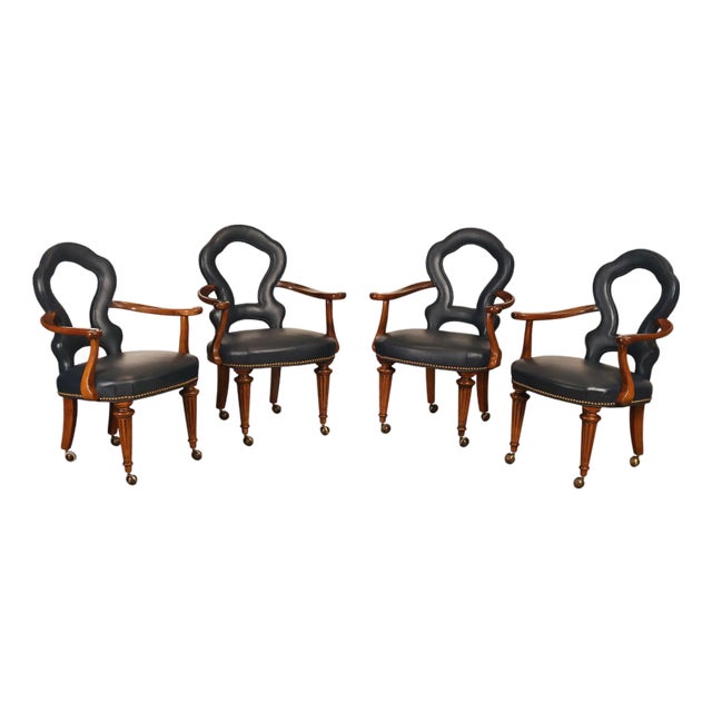 Century Furniture Regency Style Set Of Four Leather Upholstered Rolling Armchairs For Sale