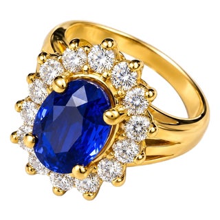 Late 20th Century 14K Yellow Gold Sapphire Diamond Engagement Ring Estate, Size 8.25 For Sale