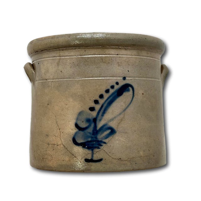 Navy Blue Antique Small 1 Gallon Size American New England Blue Decorated Stoneware Storage Jar - Circa 1870s For Sale - Image 8 of 18