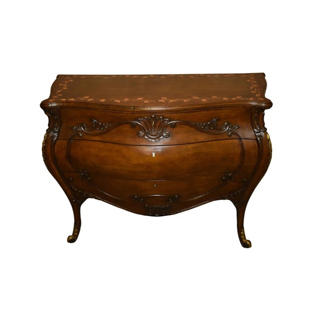 Antique Three Drawer Carved Walnut Italian Bombe' Commode W/Floral Painted Top For Sale - Image 13 of 13