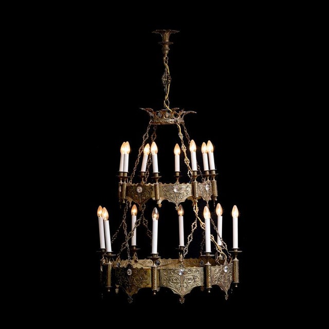 Ceiling chandelier Spain around 1870 Made of brass Originally lit with candles Now electrified with two light rings, each...