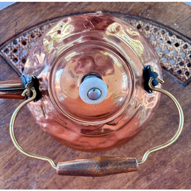 Metal Vintage Hammered Copper Tea Kettle With Wood Grip and Porcelain Finial For Sale - Image 7 of 9