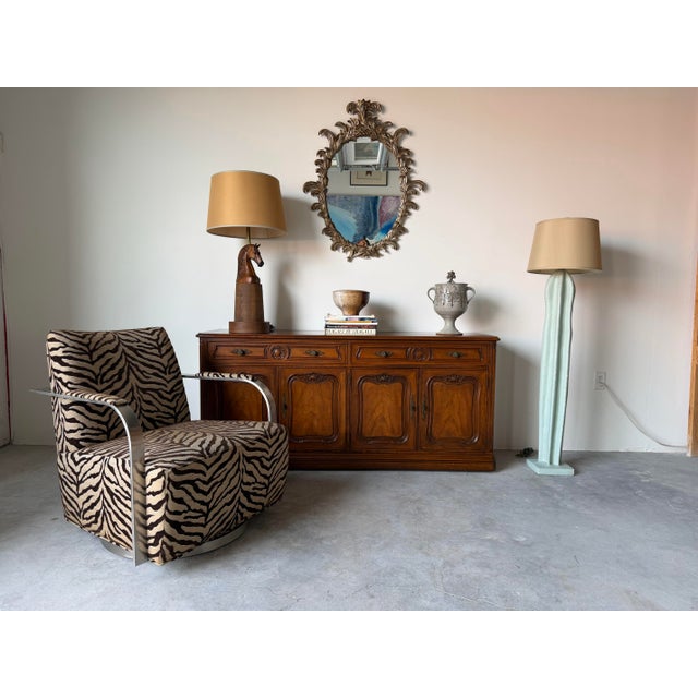 Striking vintage equestrian table lamp featuring a beautifully carved wooden horse head mounted on a sculptural...