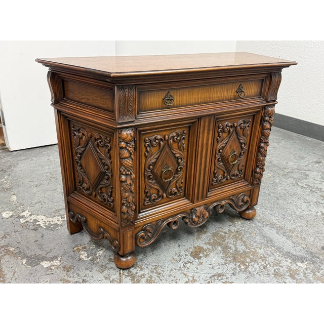 Traditional Empire Manufacturing Company Tudor Revival Carved Walnut Buffet Cabinet, Circa 1920's For Sale - Image 3 of 12