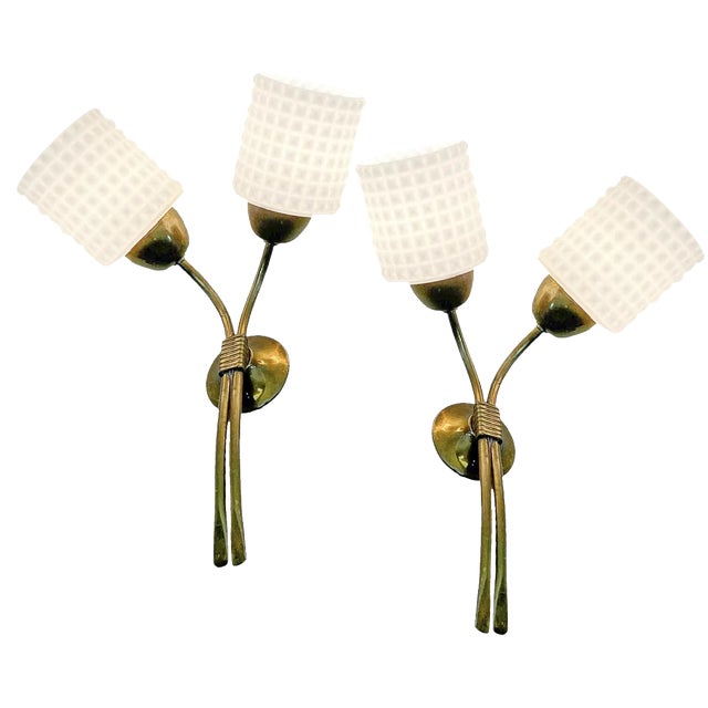 French Brass and Glass Wall Sconces, 1970s, Set of 2 For Sale