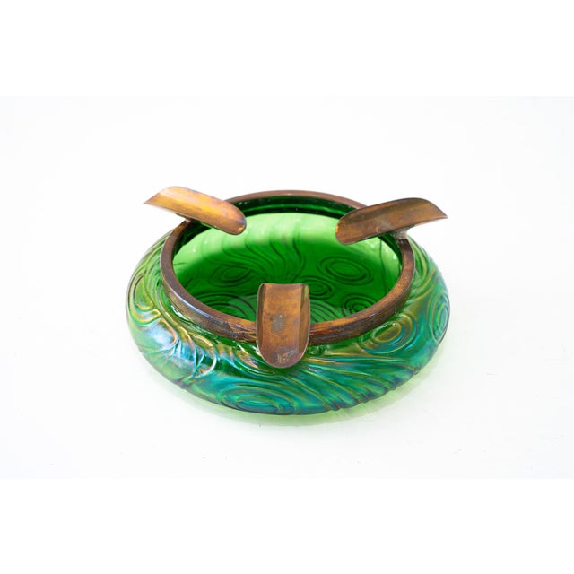 Antique Art Nouveau Bohemian Czech Kralik Green Iridescent Glass Ashtray, 1908 For Sale - Image 4 of 9