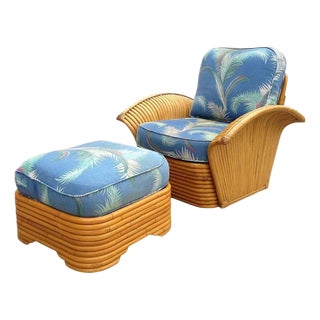 Restored Vintage Art Deco Rattan Fan Arm Lounge Chair With Ottoman For Sale