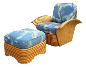 Restored Vintage Art Deco Rattan Fan Arm Lounge Chair With Ottoman