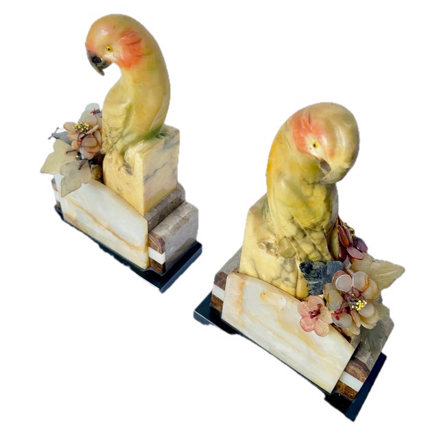 Spectacular pair of hand-carved Art Deco multi-stone & jadeite bookends. Each bookend features a large, hand-carved...