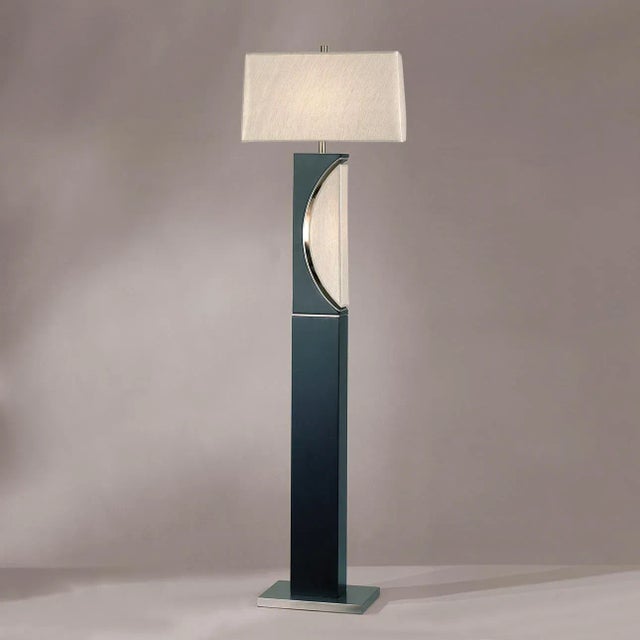 Mid-Century Modern Half Moon Floor Lamp With Nightlight - Charcoal Gray, Etruscan Gold Linen Shade For Sale - Image 3 of 8
