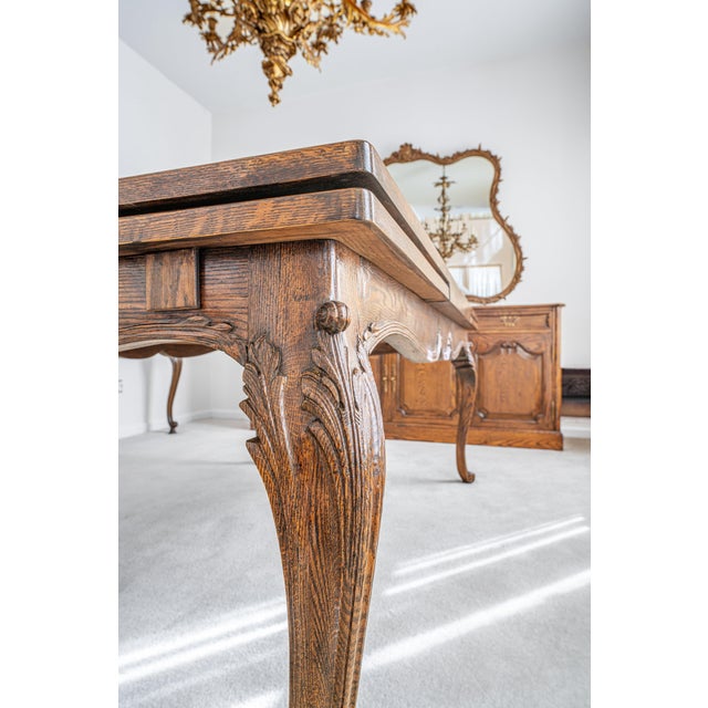 French Provincial 1970s Custom French Provincial Style Oak Dining Table With Parquet Top & Extensions (116.5”) For Sale - Image 3 of 8