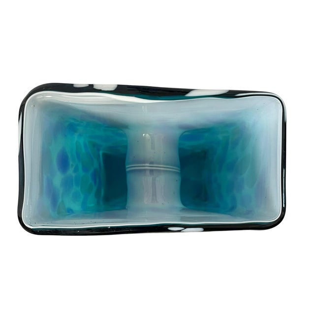 Mid 20th Century VTG Murano Rectangle Blue Vase 10” Art Glass Donut Hole Dual-Chamber Retro For Sale - Image 5 of 7