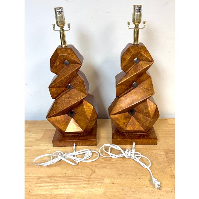 Late 20th Century Christopher Guy Style Tortoiseshell Lacquer Spiral Polyhedron Lamps - a Pair For Sale - Image 4 of 11