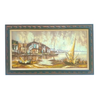 Large Nautical "Ships in Harbor" Oil Painting by M. Runci For Sale
