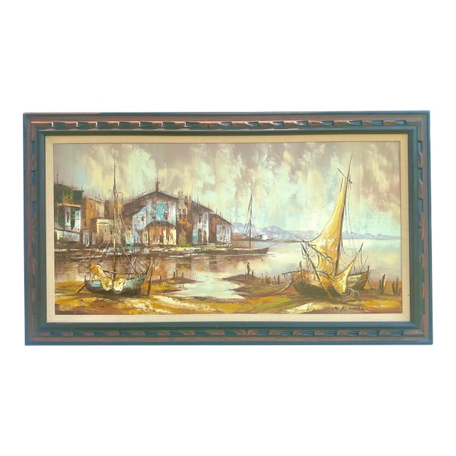 Large Nautical "Ships in Harbor" Oil Painting by M. Runci For Sale