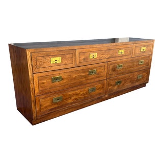 1970s Vintage Henredon Scene One I Campaign Long Dresser Lowboy With Brass Hardware For Sale
