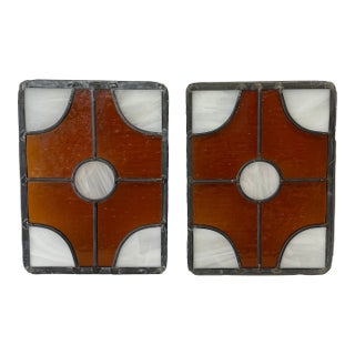 Pair of Vintage Amber and White Stained Glass Window Panels For Sale