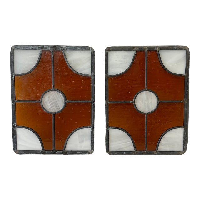 Pair of Vintage Amber and White Stained Glass Window Panels For Sale