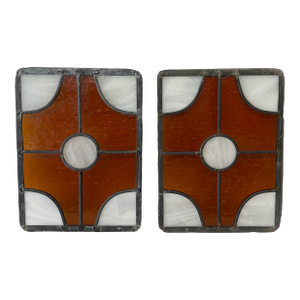 Pair of Vintage Amber and White Stained Glass Window Panels