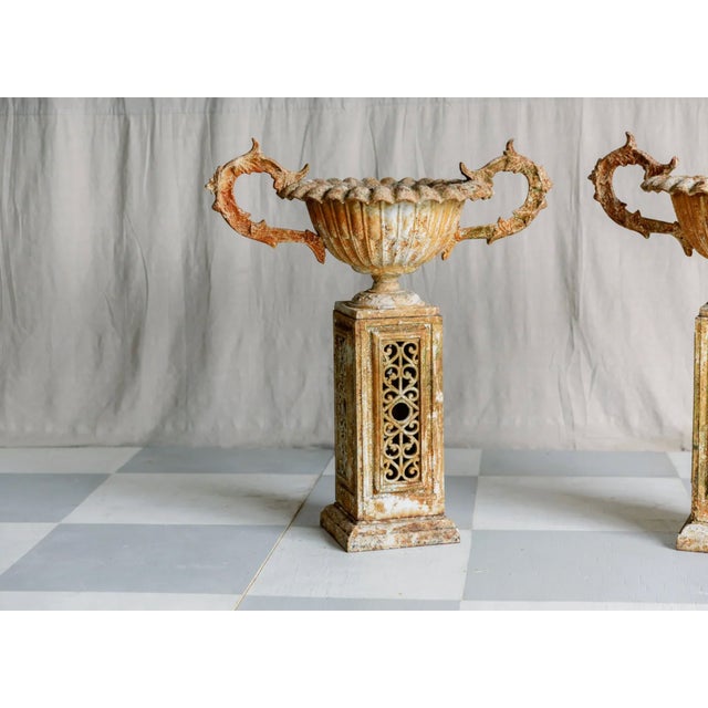 Shabby Chic Pair Early 19th Century Iron Urns and Stands For Sale - Image 3 of 6