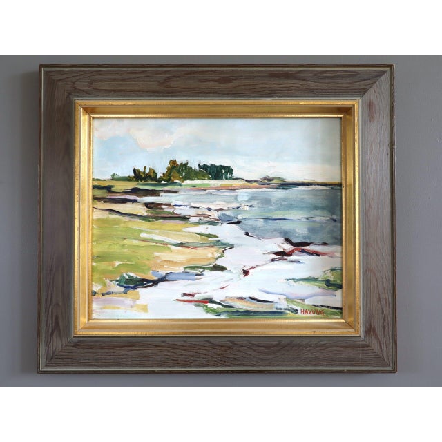TIDAL RHYTHM Size: 12.6 x 14.8 inches (including frame) Oil on board A serene and expressive mid-century coastal landscape...