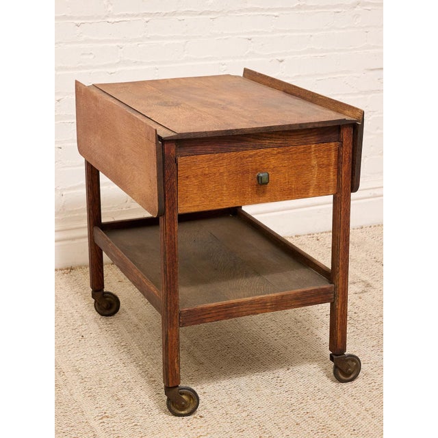Art Deco Vintage Oak Rolling Side Table Cart With Drawer and Lower Shelf For Sale - Image 3 of 12