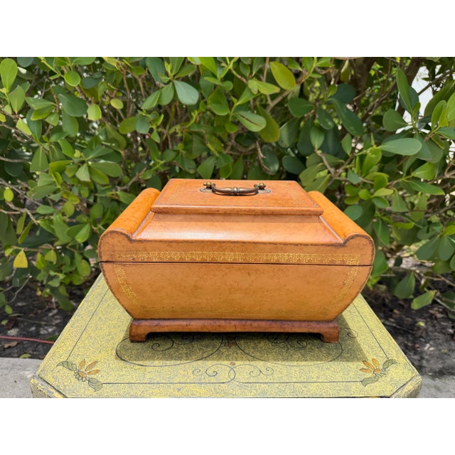 English Vintage 13” Leather Decorative Box With Gilt Tooling For Sale - Image 3 of 12