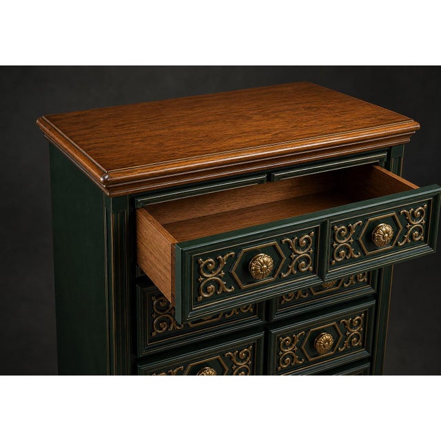 Late 20th Century Late 20th Century Emerald Green & Gold Gilded Carved Wood Dresser – 54” Tall Chest, Walnut Top, Faux Double Drawer Design (Emerald City Collection) For Sale - Image 5 of 5
