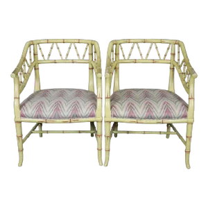 Fine Pair Creme Painted Chinese Chippendale Faux Bamboo Armchairs Circa 1960