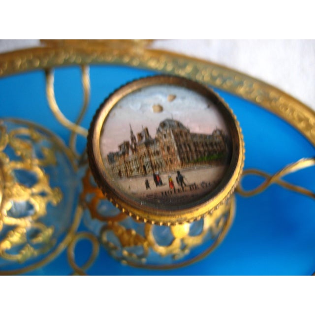 Metal French Large Bleu Opaline Egg Box With Perfume Bottles View of Paris 19 Century For Sale - Image 7 of 12