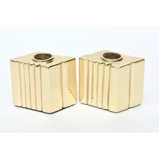 Mid-Century Modern Vintage Brass Sculptural Diamond Shaped Candlesticks Pair Of, 1970's For Sale - Image 3 of 9