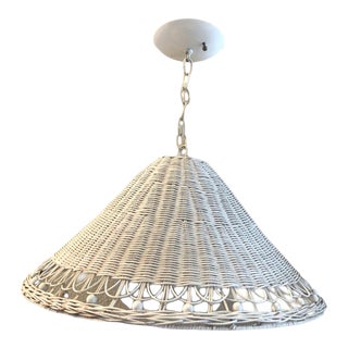 Mid 20th Century White Wicker Over White Ball Globe Hanging Light For Sale