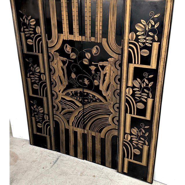 Art Deco 4-Panel Black Lacquer & Gilt Screen, Attributed to Paul Fehér, 20th C. For Sale - Image 10 of 14