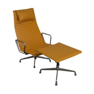 Herman Miller Eames Aluminium Group Yellow Leather Lounge Chair With Ottoman For Sale