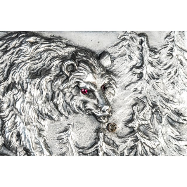 1910s Exceptional Art Nouveau Antique Cigarette Case 875 Sterling Silver Bear Design Ruby Eyes Diamond Accent For Sale - Image 5 of 18