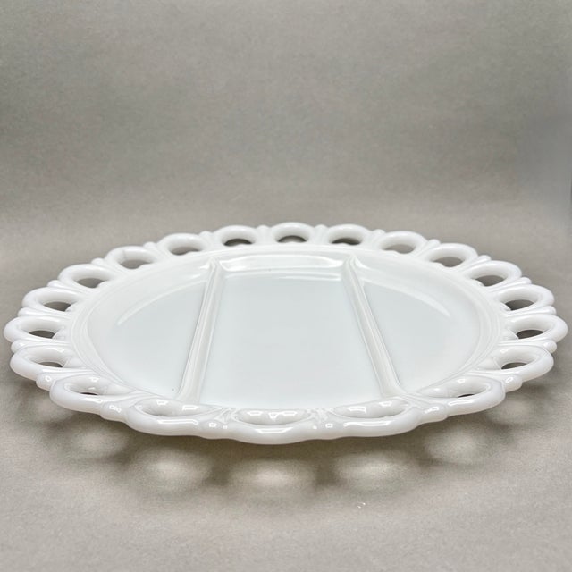 1960s Vintage Anchor Hocking “Old Colony” White Milk Glass Divided Serving Platter With Open Lace Heart Border For Sale - Image 5 of 8