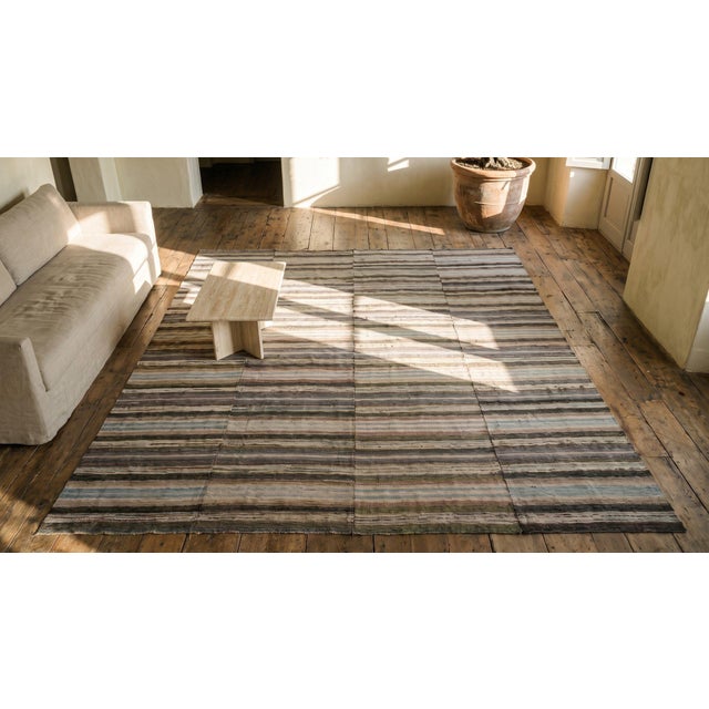 1900s Multicolor Stripe Antique American Rag Rug 10'8" X 12'0" Flatweave Wool Carpet For Sale In New York - Image 6 of 8
