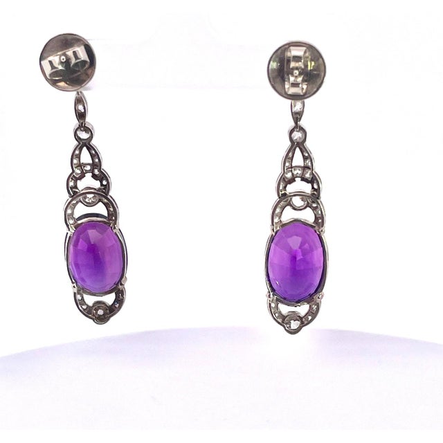 Metal 1920s Edwardian 21ct Amethyst Platinum Drop Earrings With Diamond Accents, Pair For Sale - Image 7 of 12