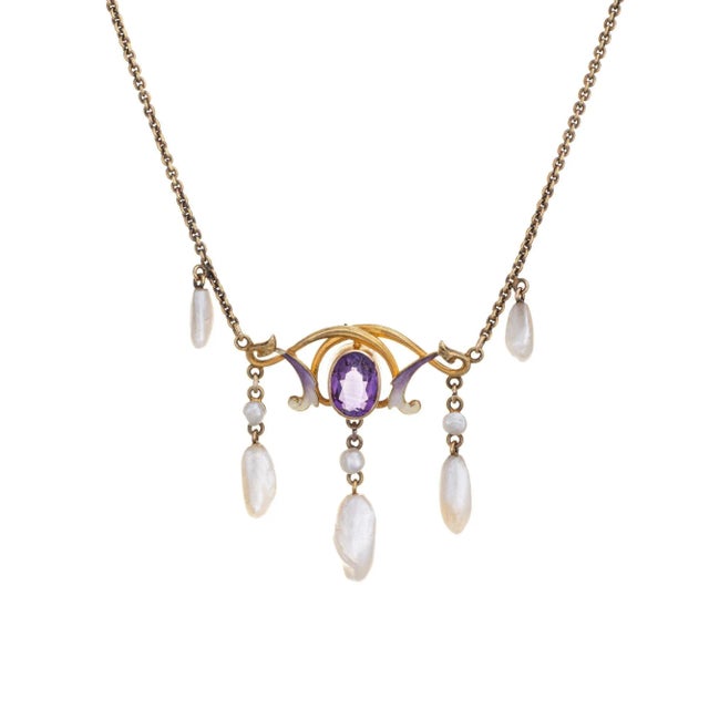 Antique Art Nouveau Necklace 14k Gold Amethyst Sawtooth Pearl Enamel Vintage For Sale - Image 4 of 4