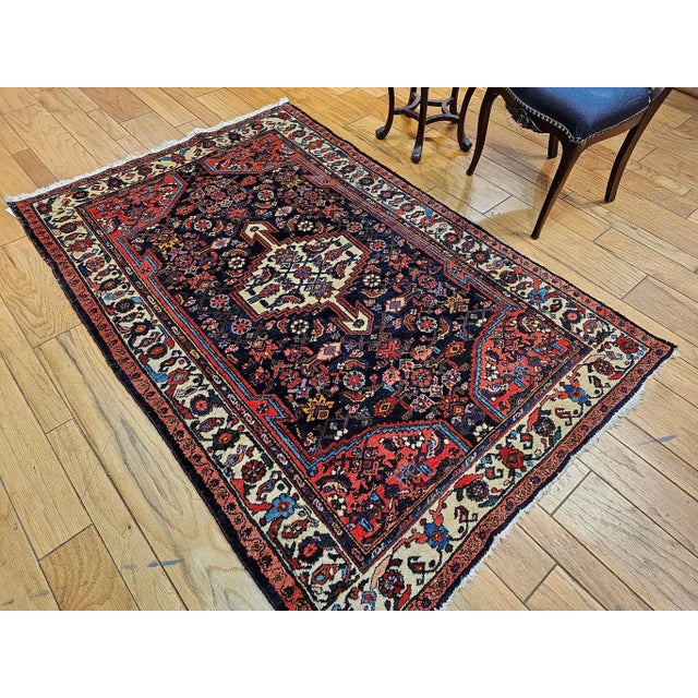 Vintage Persian Bakhtiari Area Rug, Handwoven Floral Pattern, Navy & Ivory, 5’ X 7’ For Sale - Image 4 of 12