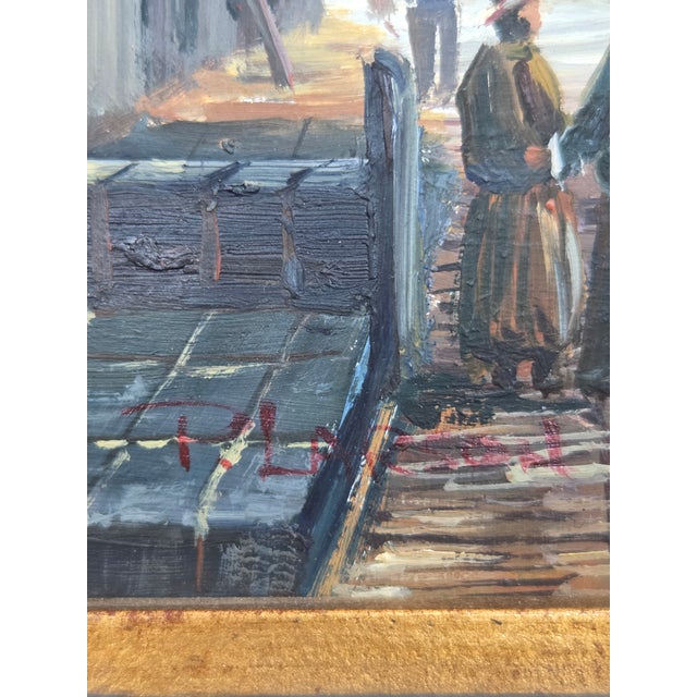 Gold Late 20th Century P. Larson Realism European Cityscape Oil Painting on Board For Sale - Image 8 of 10